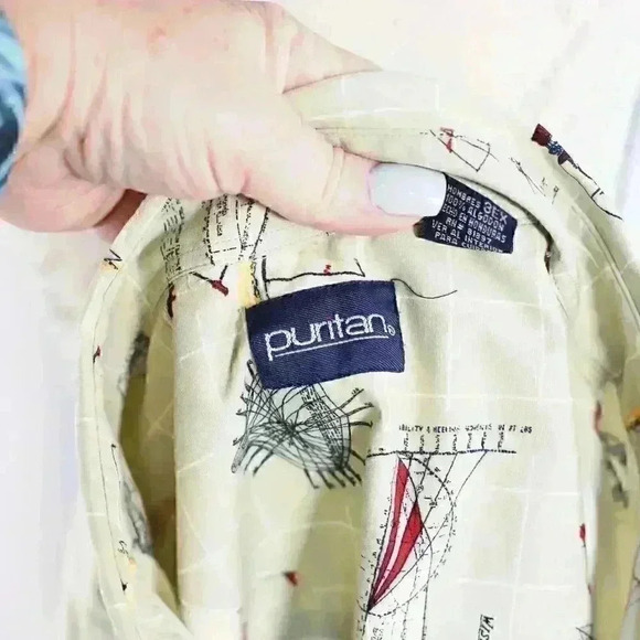 Puritan size 3XL 100% cotton nautical theme short sleeve button down shirt tan - Picture 13 of 16